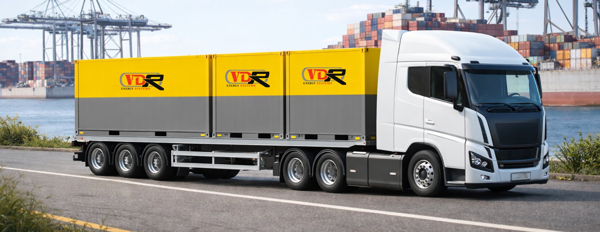 Truck carrying three VDR-ES MPSS containers at a port