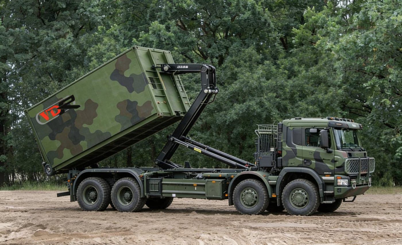 Military camouflage hook-loader truck with VDR-branded container in field deployment