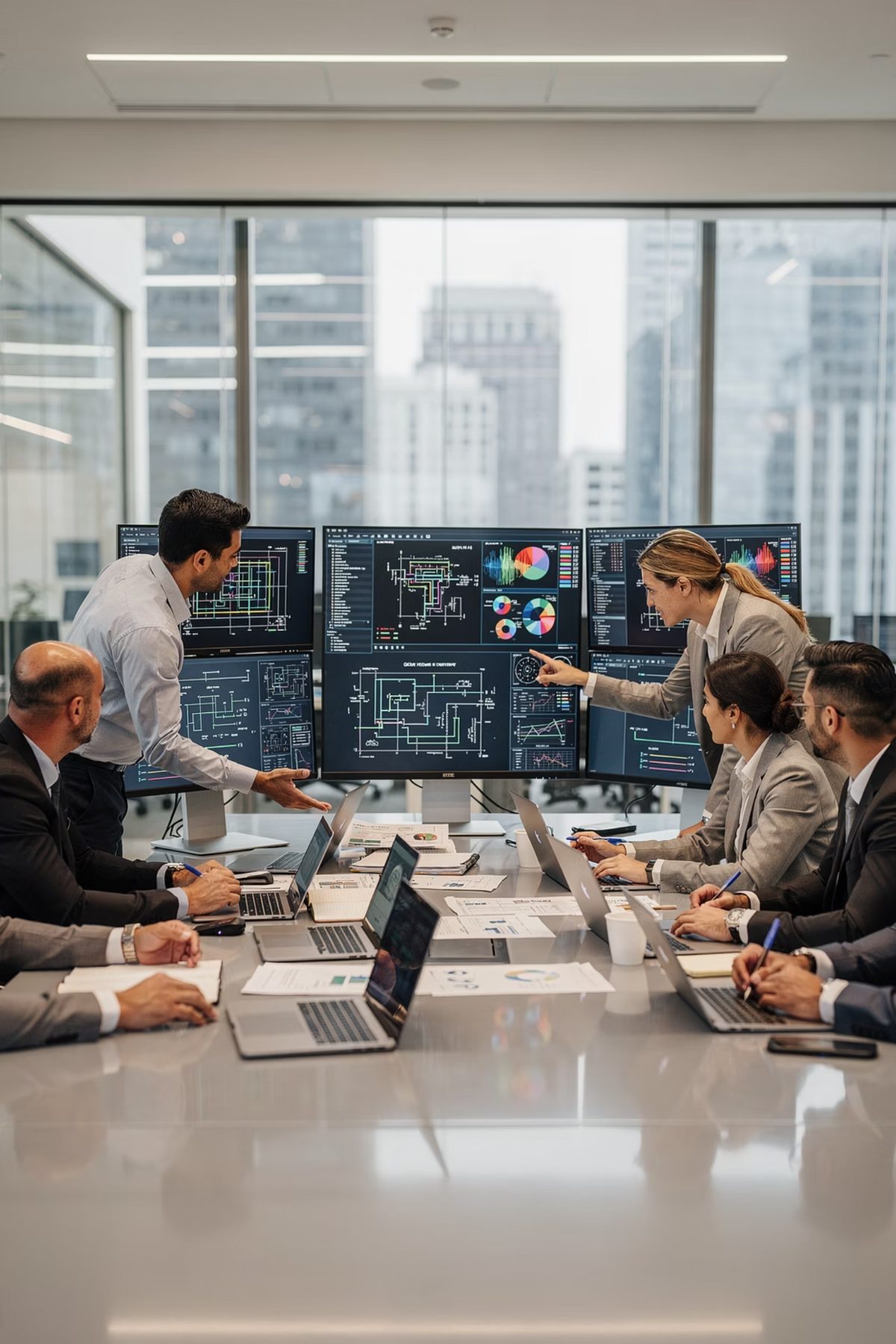 Engineering team reviewing system schematics